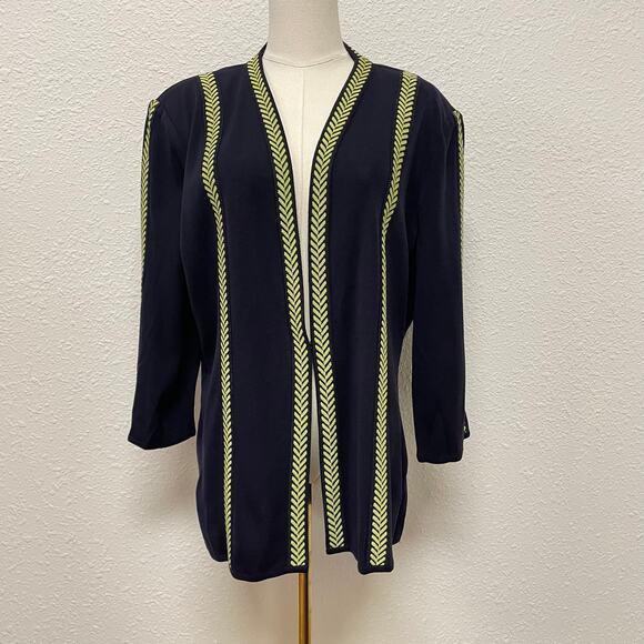 Misook Knit Cardigan Navy with Green chevron trim Size XL - Picture 1 of 8